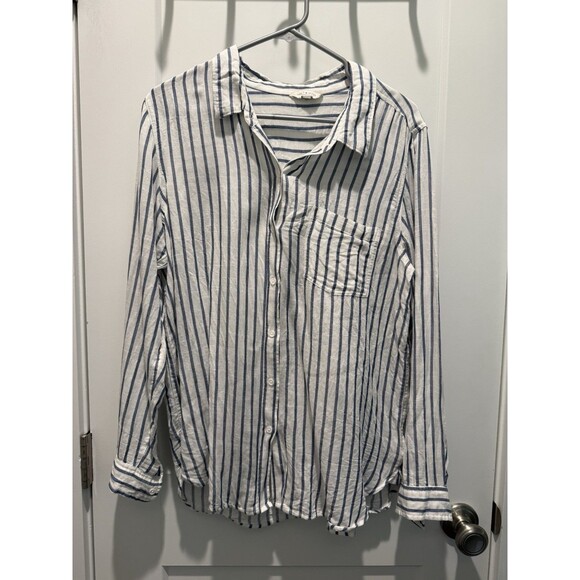 Women’s Lucky Brand Navy/White Stripe LS Button Down Cotton Blend Top Large - Picture 1 of 5